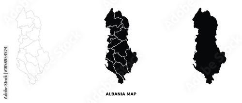 Albania map vector with administrative divisions in black and white, detailed country outline and region borders illustration