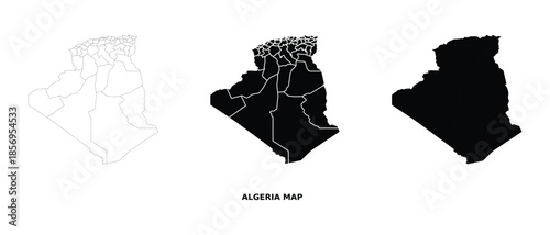 Algeria map vector set with administrative divisions in black and white, country outline and political regions illustration