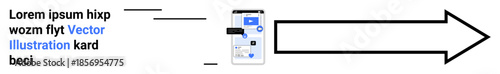 Data networking, communication systems, information exchange, app development, digital processes, modern technology. A smartphone connected to a large arrow symbol. Data networking and communication