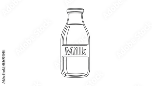 Simple black and white line art icon depicting a classic glass milk bottle with the word milk clearly labeled on the front ready for dairy consumption or beverage illustration projects.