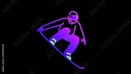 A neon silhouette of a snowboarder performing a jump against a black background. The figure wears a helmet and colorful gear, showcasing winter sports action.