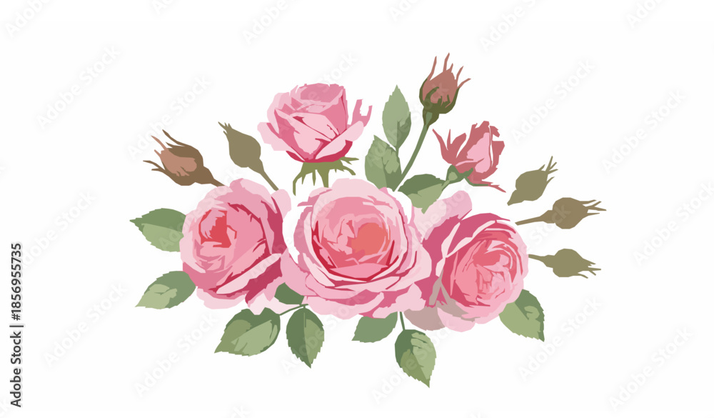 Fototapeta premium Pink English roses watercolor floral composition with buds and leaves vector