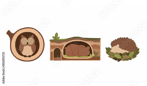 Cartoon forest animals in tree hollows burrows and nests flat vector set