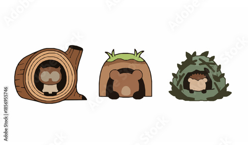 Woodland animal homes icons owl bear hedgehog cute flat vector set