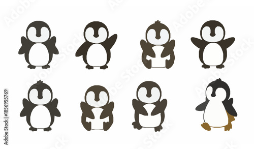 Cute cartoon baby penguin characters happy smiling flat vector set
