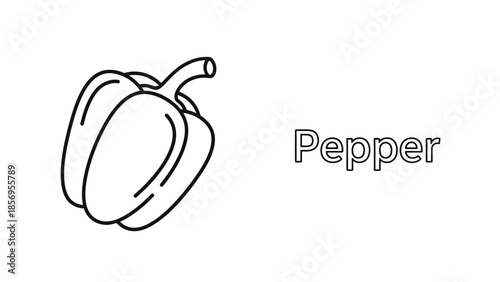 Simple black and white line art icon depicting a fresh bell pepper vegetable next to the word pepper suitable for educational materials or coloring pages for children learning about produce.