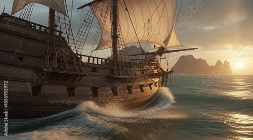 Golden Sunset Voyage Historic Galleon Sailing Rough Seas Near Rocky Cliffs Dramatic Ocean Adventure Exploration