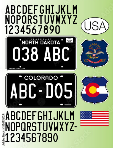 North Dakota and Colorado  blackout style car license plate pattern, numbers, letters and symbols, USA, United States, vector illustration