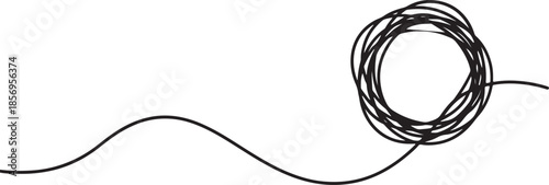 Abstract black ink scribble line forming a tangled circular shape on a clean white background representing chaos and creativity also transparent background