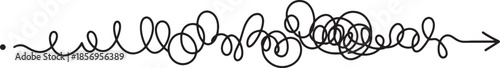 Black line of a chaotic scribbled path transforming into a straight arrow indicating progress or resolution also transparent background