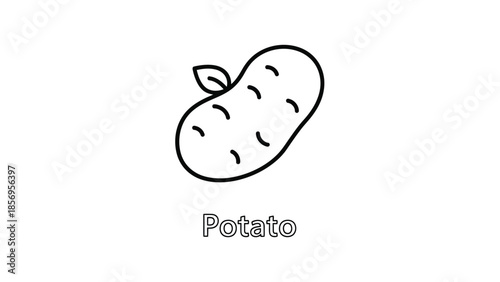 Simple black and white outline icon illustrating a fresh potato vegetable featuring a small leaf detail and the word potato underneath perfect for educational materials or food related designs.
