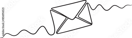 Single line of an envelope with a wavy line indicating movement or communication, representing mail or electronic messages also transparent background