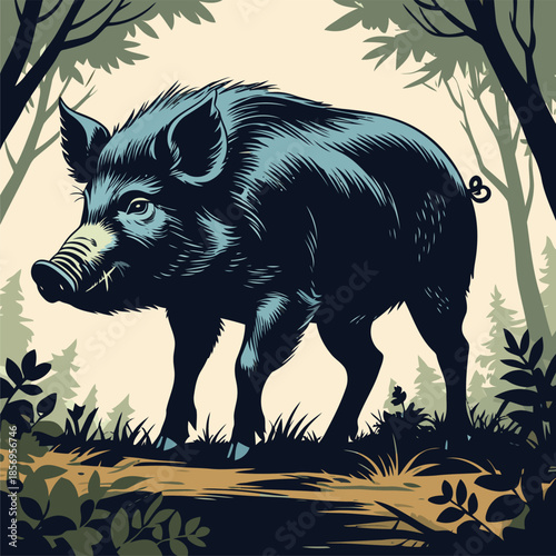 vector image of a wild boar in the forest