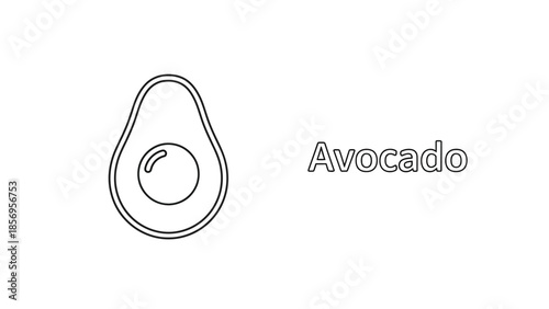 Simple black outline icon representing a halved avocado fruit with a visible seed next to the word avocado for easy identification in learning materials or design projects