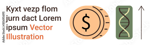 Financial growth, biotechnology, economic analysis, business strategy, investment, innovation. Currency coin and DNA helix side by side with an upward arrow. Financial growth and biotechnology