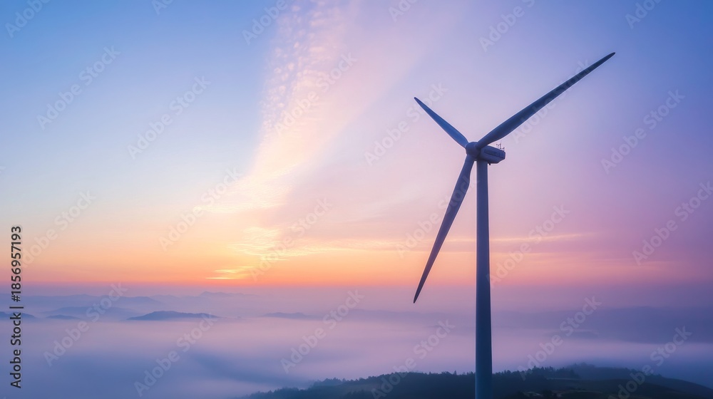 Obraz premium Silhouette of a windmill turbine against a foggy twilight sky with rainbow colors and gentle clouds
