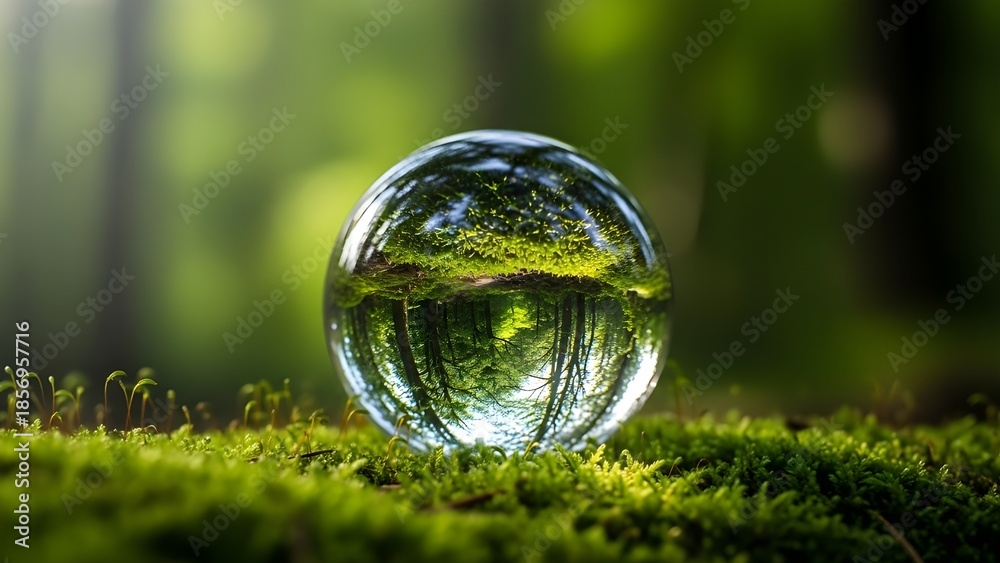 Fototapeta premium A crystal ball sits on mossy forest floor reflecting nature