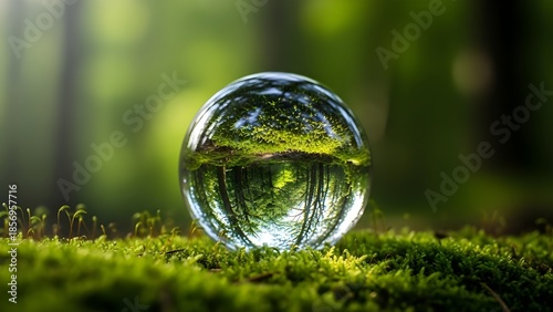 A crystal ball sits on mossy forest floor reflecting nature