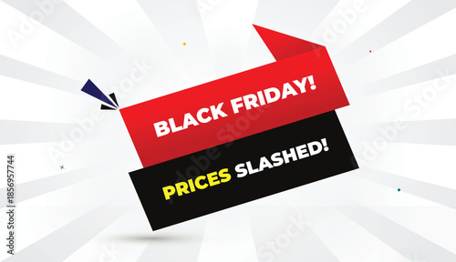 Black Friday sale prices slashed editable EPS format web banner vector art illustration template design black gray red gradient shapes yellow bold font white gray abstract sun shine business backgroun