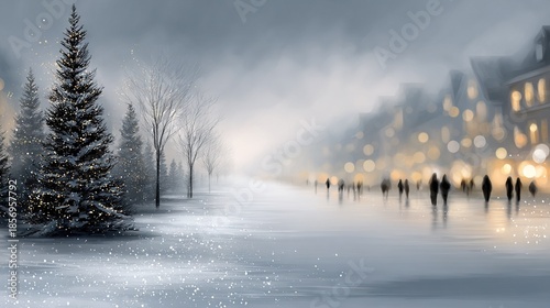   Snowy Street Art - A stunning Christmas tree dominates the foreground while bustling pedestrians stroll along the sidewalk