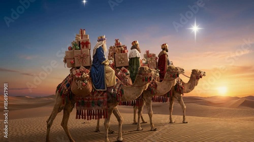 The three Wise Men on camels carrying numerous gifts, crossing the desert at night