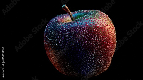   An apple's close-up on a black backdrop with water drops above and below