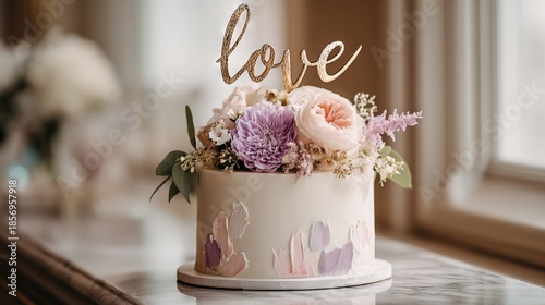   A close-up of a cake on a table, surrounded by flowers and adorned with the word 'Love'