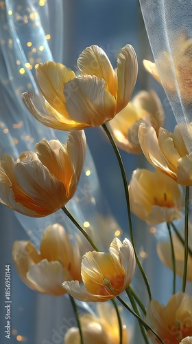   A vibrant cluster of golden tulips nestled against a blue window drape and soft blue backdrop