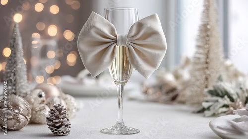   A close-up of a wine glass adorned with a bow atop a Christmas tree background