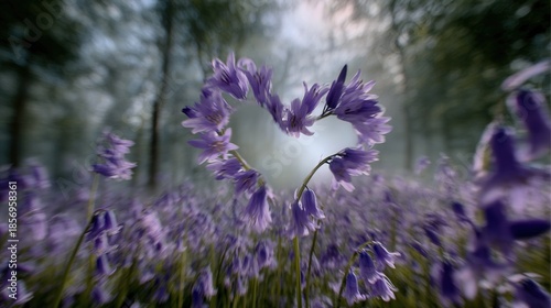   Heart-shaped purple flowers bloom in a field of bluebells amidst a dense forest landscape