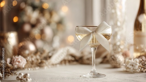   A zoomed-in image of a wine glass with a ribbon tied around it, accompanied by a bottle of wine in the backdrop