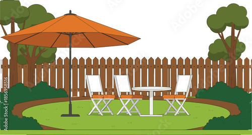 Outdoor backyard garden patio with wooden fence green lawn orange umbrella and white folding chairs around a small table vector illustration.