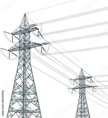 Electrical engineering utility masts with extensive overhead transmission wires for modern power supply and urban energy distribution concepts
