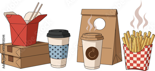 Takeout food and drink collection featuring Chinese noodles with chopsticks coffee cups paper bags pizza boxes and hot french fries in checkered packaging.