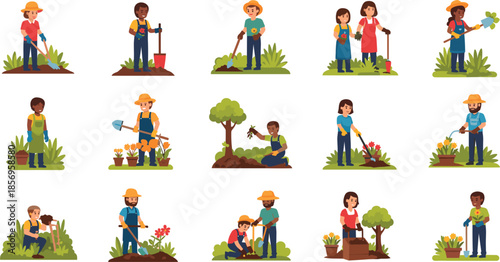 Diverse set of people gardening and planting flowers with shovels, watering cans, and tools in a flat vector style for hobby and agriculture concepts.