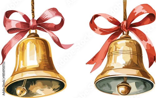 Christmas Golden Bells Illustration Set Featuring Festive Holiday Bells with Red Ribbon Bows for Celebration, Decoration, Greeting Cards, Seasonal Branding, and Winter Design