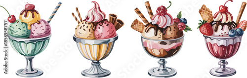 Ice Cream Sundae Illustration Set – Colorful Dessert Cups with Toppings, Fruits, and Garnishes for Menu Design, Food Art, and Summer Themes
