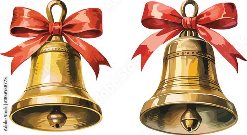 Golden Bell Illustration with Red Ribbon Bows – Festive Christmas Decoration Icons for Holiday Design, Celebration Graphics, and Seasonal Greeting Projects