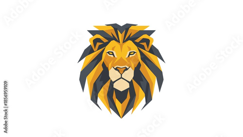 A geometric lion logo with a stylized mane in shades of yellow and black on a white background.