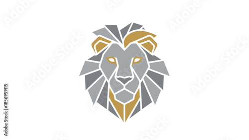 Geometric lion logo with yellow accents on a white background, featuring a stylized animal head in gray and white polygonal shapes.