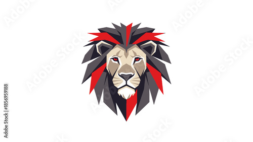 Geometric lion logo with red, black, and gray colors on a white background, featuring a stylized mane and facial details.