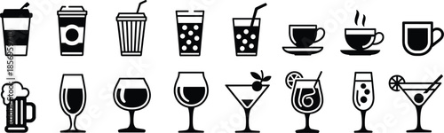Beverage drink icon set featuring coffee cups, takeaway drinks, soft drinks, beer, wine, and cocktail glasses, black vector silhouettes for cafe menus, bar branding, and food app UI design