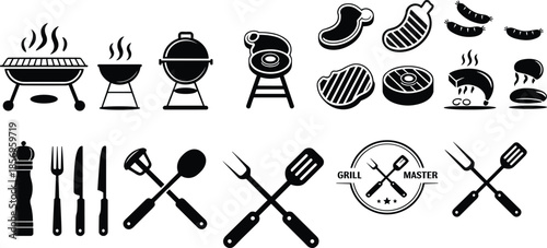 Grill and barbecue icon set with BBQ equipment, meats, sausages, burgers, and cooking tools, black vector silhouettes for restaurant branding, menu design, food apps, and outdoor cooking themes