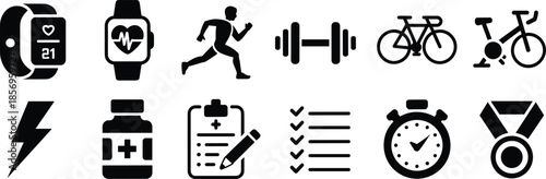 Fitness and health tracking icon set with smartwatch, running, cycling, workout equipment, medical checklist, and achievement symbols, black vector silhouettes for app UI and wellness design