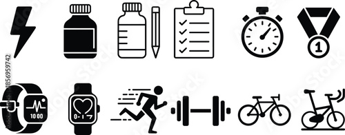 Black and white fitness and health icons featuring supplements, stopwatch, smartwatch, exercise, cycling, weightlifting, and achievement symbols for training and wellness projects