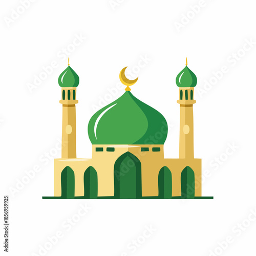 Vector illustration of a mosque with a green dome and two minarets, traditional Islamic architecture, flat design, suitable for cultural or religious themes