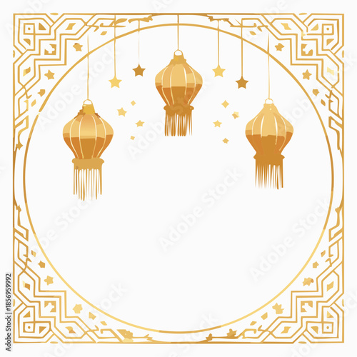 Golden decorative frame with hanging lanterns and stars, perfect for festive greetings and celebrations