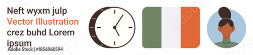 Time management, national pride, diversity awareness, cultural symbols, , communication designs. A clock, Irish flag and woman s portrait with text. Time management and national pride concepts