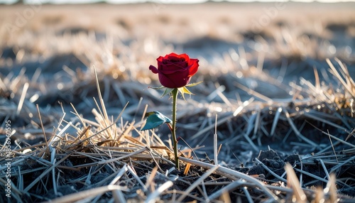 A vibrant crimson rosebud emerges from a field of dry stalks at golden hour, symbolizing resilience and hope amidst a desolate landscape.