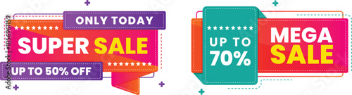 Brightly colored promotional sale tags advertise super deals up to fifty and seventy percent off today